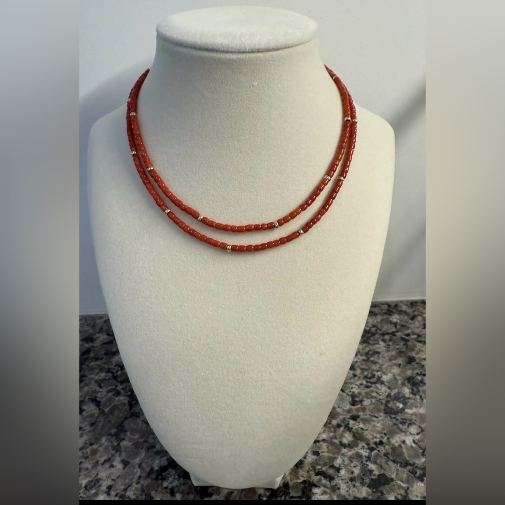 Red Coral Strand Necklace 14K Gold Clasp & Spacers 18”